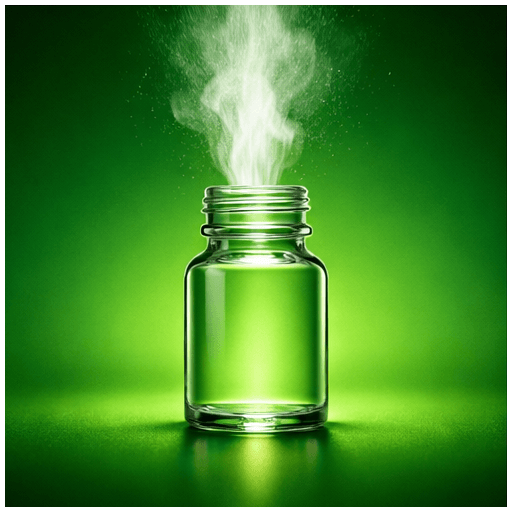 Fast & Direct Poppers: bottle on vibrant electric green gradient, a sharp upward vapor burst captured in high-contrast flash lighting suggesting immediate energy and speed.