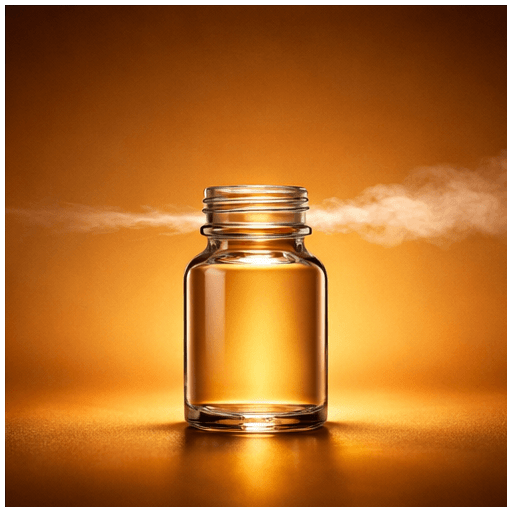 Long & Steady Poppers: bottle on warm amber gradient, a smooth continuous vapor trail lingering horizontally in sustained golden-hour side lighting for enduring stability.