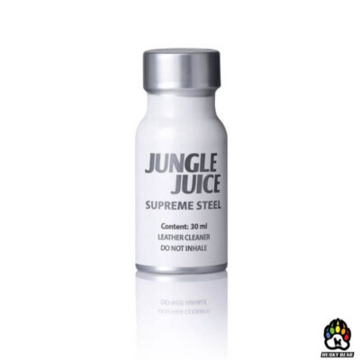 Poppers Jungle Juice Supreme Steel 30ml Lockerroom® Pentyl Nitrite Husky Bear Poppers Jungle Juice Supreme Steel 30ml poppers bottle on a white background and Husky Bear Poppers logo at the bottom right.