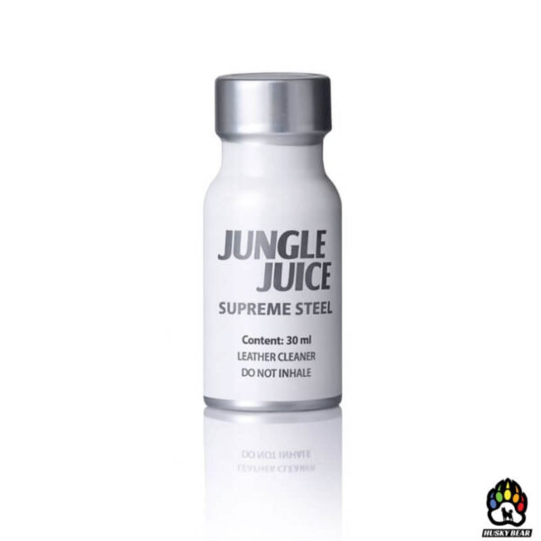 Poppers Jungle Juice Supreme Steel 30ml Lockerroom® Pentyl Nitrite Husky Bear Poppers Jungle Juice Supreme Steel 30ml poppers bottle on a white background and Husky Bear Poppers logo at the bottom right.