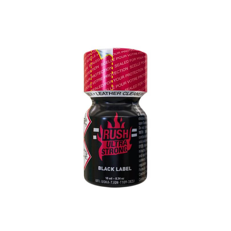 Poppers Rush Ultra Strong Black Label 10ml Small Poppers Rush Ultra Strong Black Label with red cap.