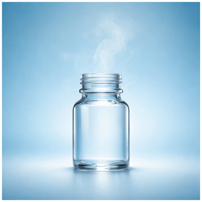 Smooth & Easy Poppers: a premium clear glass bottle with wide-mouth cap centered on a soft pastel blue gradient background, featuring gentle rising vapor wisps in a calm, diffused warm light that evokes relaxation and ease, minimalist composition with subtle glow around the bottle.