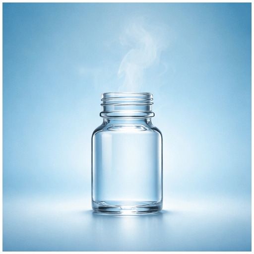 Smooth & Easy Poppers: a premium clear glass bottle with wide-mouth cap centered on a soft pastel blue gradient background, featuring gentle rising vapor wisps in a calm, diffused warm light that evokes relaxation and ease, minimalist composition with subtle glow around the bottle.