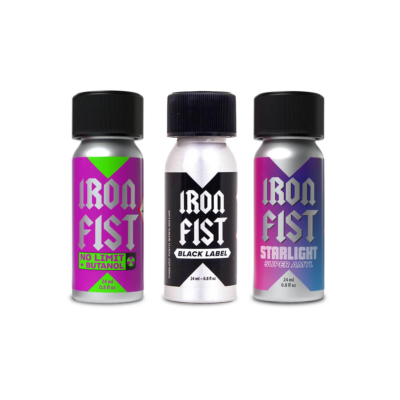 Three Iron Fist poppers bottles — No Limit, Black Label and Starlight 24ml — on a white background