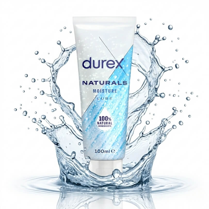 Durex Naturals intimate lubricant 100ml tube surrounded by water splash emphasizing hydration and water-based formula