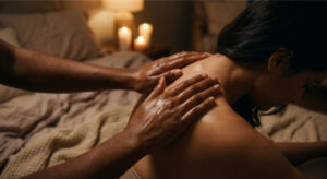 Hot Wax Play for Beginners - Hands applying massage oil to skin as a protective barrier before starting hot wax play.