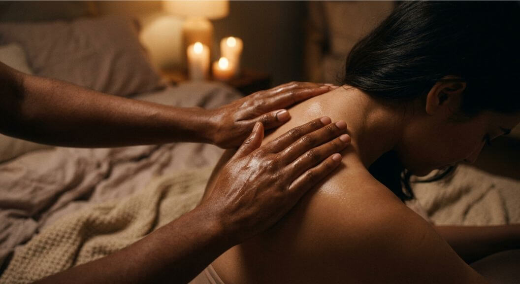 Hot Wax Play for Beginners - Hands applying massage oil to skin as a protective barrier before starting hot wax play.