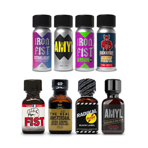 A comprehensive Master Set 8x Mix Poppers Pack featuring a curated lineup of eight premium bottles for professional-grade cleaning and variety.