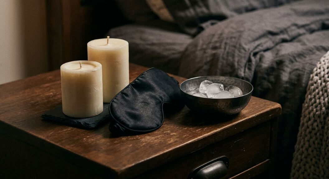 A sensory play kit featuring low-heat candles, a blindfold, and massage oil for safe temperature play.