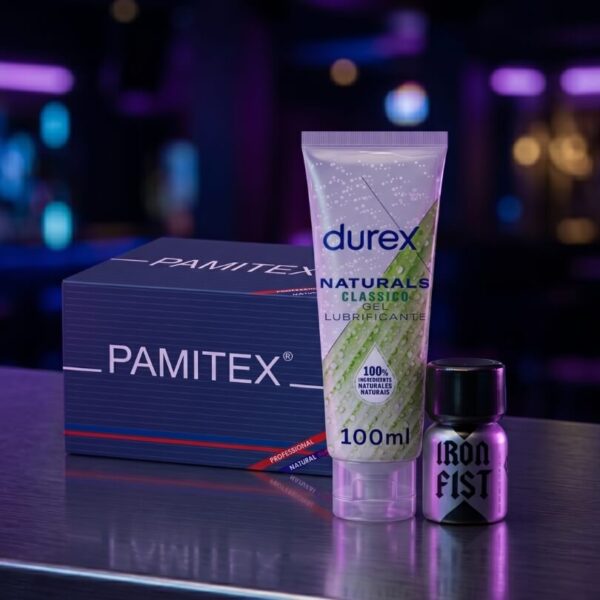 The Full Night Kit – Durex Lube 100ml, Iron Fist Poppers 10ml & 144 XL Condoms from Pamitex. The image is an lifestyle illustration.