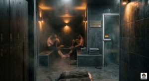 Atmospheric interior of a gay sauna with steam and warm amber lighting, representing cruising culture.