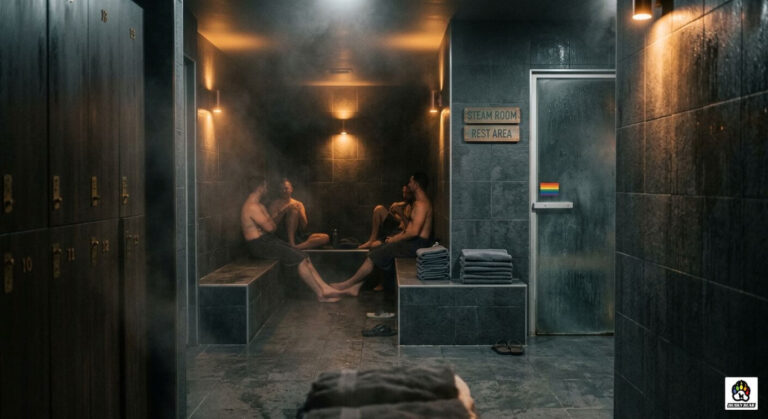 Atmospheric interior of a gay sauna with steam and warm amber lighting, representing cruising culture.