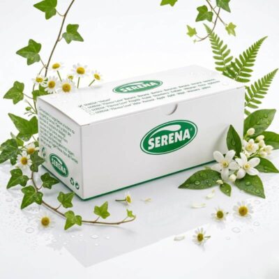 Condoms Serena Nature Serena Nature Condoms 144 piece bulk box with discrete packaging. High-quality natural latex condoms in a white and green branded box surrounded by natural floral elements and greenery.