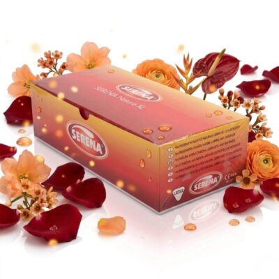 Condoms Serena Nature XL Serena Nature XL Condoms 144 pack bulk box with red rose petals and orange floral background, natural latex lubricated condoms in extra-large size.