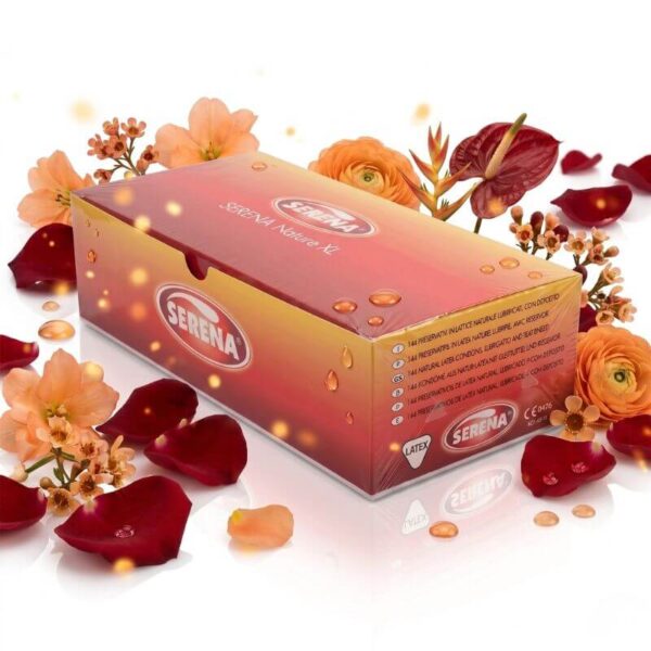 Condoms Serena Nature XL Serena Nature XL Condoms 144 pack bulk box with red rose petals and orange floral background, natural latex lubricated condoms in extra-large size.