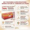 Condoms Serena Nature XL key features and specifications Serena Nature XL Condoms product specifications infographic showing 144 pack value, 56mm nominal width, natural latex material, and pre-lubricated Italian quality design.