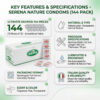 Condoms Serena Nature key features and specifications Serena Nature Condoms 144 pack bulk value set. Infographic showing specifications: 52mm nominal width, 190mm length, 70µm thickness, pre-lubricated natural latex, fragrance-free, and Italian quality reliability.