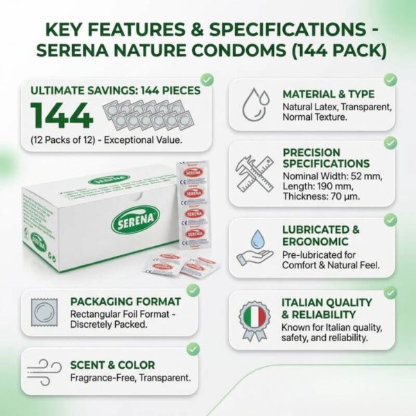 Condoms Serena Nature key features and specifications Serena Nature Condoms 144 pack bulk value set. Infographic showing specifications: 52mm nominal width, 190mm length, 70µm thickness, pre-lubricated natural latex, fragrance-free, and Italian quality reliability.