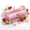 Serena Platinum Strawberry Condoms Serena Platinum Strawberry Condoms 144 pack bulk box with fresh strawberries and pink rose petals, natural latex lubricated condoms for stimulation.