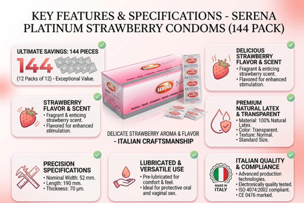 Condoms Serena Platinum Strawberry - 144x Features Serena Platinum Strawberry Condoms - 144 pack