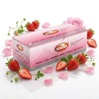 Serena Platinum Strawberry Condoms Serena Platinum Strawberry Condoms 144 pack bulk box with fresh strawberries and pink rose petals, natural latex lubricated condoms for stimulation.
