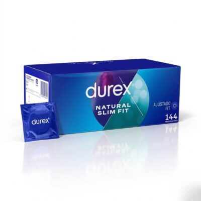 Durex Natural Slim Fit Condoms 144 Pack – bulk box of close fit lubricated latex condoms, blue packaging with individual foil wrapper