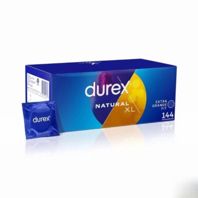 Durex Natural XL Condoms - 144 Pack Durex Natural XL Condoms 144 Pack bulk box packaging and individual blue foil wrapper.