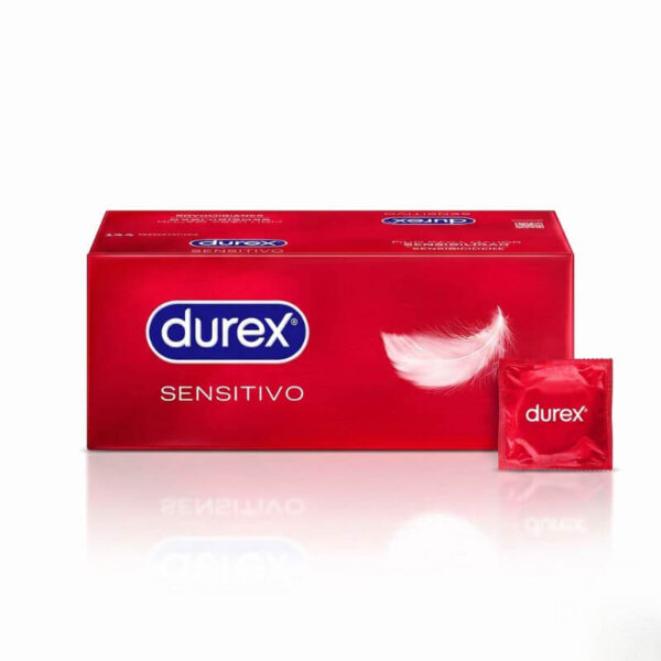 Durex Soft Sensitive Condoms - 144 pack Durex Sensitivo Condoms 144 Pack bulk box and individual red foil wrapper featuring the signature white feather logo.
