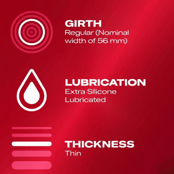 Durex Soft Sensitive Condoms fatures Technical specifications for Durex Sensitivo Condoms: 56mm regular girth nominal width, extra silicone lubrication, and thin texture for increased sensitivity.