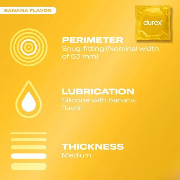 Durex Taste Me Banana flavor condom specs: Snug 53mm nominal width perimeter, silicone-based banana lubricant, and medium thickness.
