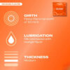 Technical details for Durex Orange flavored condoms: Fitted 53mm girth, silicone-based orange lubricant, and medium thickness.