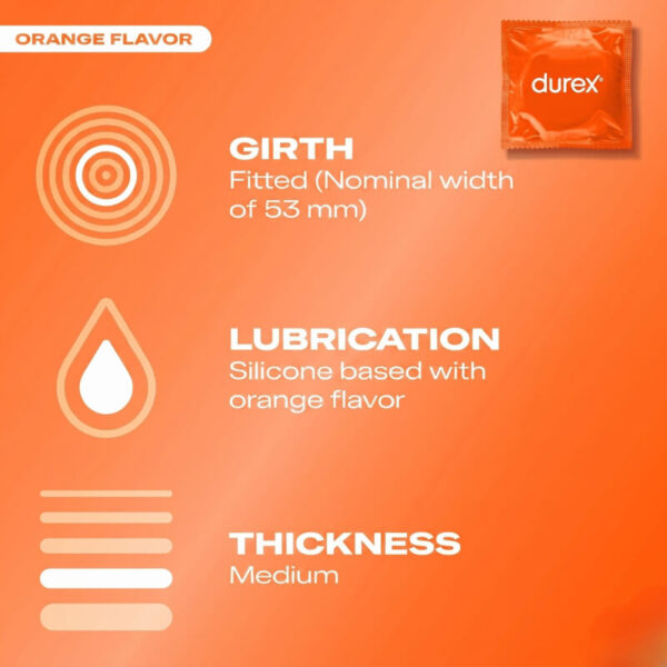 Technical details for Durex Orange flavored condoms: Fitted 53mm girth, silicone-based orange lubricant, and medium thickness.
