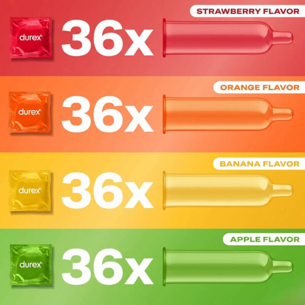 Durex Taste Me variety pack assortment containing 36 Strawberry, 36 Orange, 36 Banana, and 36 Apple flavored condoms.