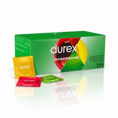 Durex Taste Me Condoms – 144 Pack Durex Taste Me Condoms 144 Pack bulk box featuring a variety of fruit-flavored condoms in colorful wrappers.