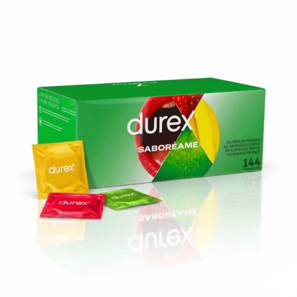 Durex Taste Me Condoms 144 Pack bulk box featuring a variety of fruit-flavored condoms in colorful wrappers.