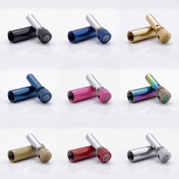 Single Poppers Inhaler all 9 color variations — black, blue, gold, dark blue, pink, rainbow, light gold, red, mirror silver aluminium and stainless steel.