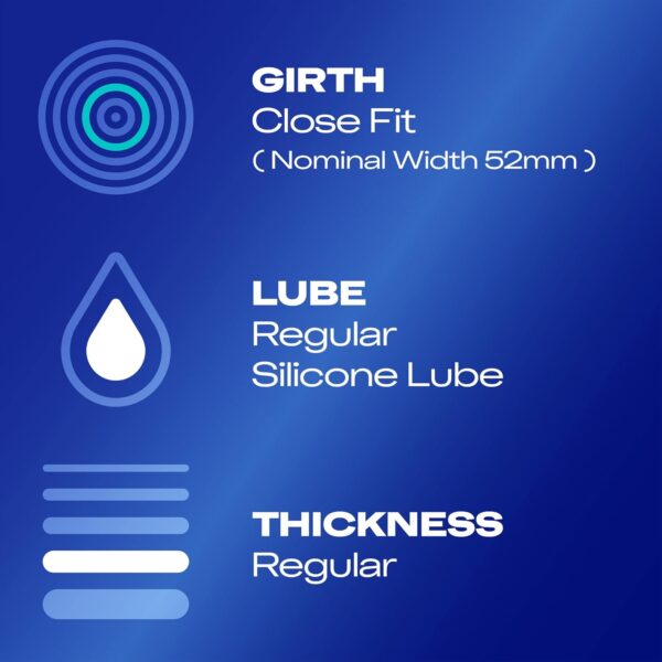 durex-natural-slim-fit-characteristics Durex Natural Slim Fit Condoms product specifications infographic – close fit girth 52mm nominal width, regular silicone lube, regular thickness