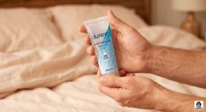 hands holding a personal lubricant bottle - how to apply lube for anal sex