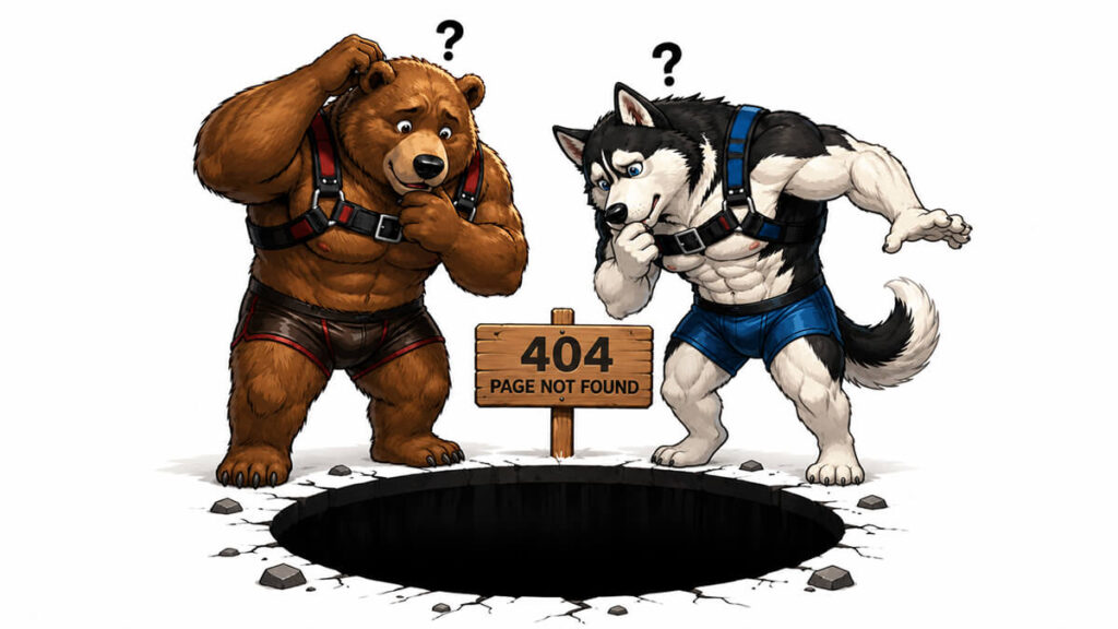A bear and husky in harnesses looking confused at a 404 page not found sign above a dark hole in the ground