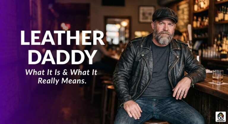 A leather daddy sitting confidently at a bar in a worn black leather jacket, alongside the blog post title: What Is a Leather Daddy — Culture, Values and Community Explained.