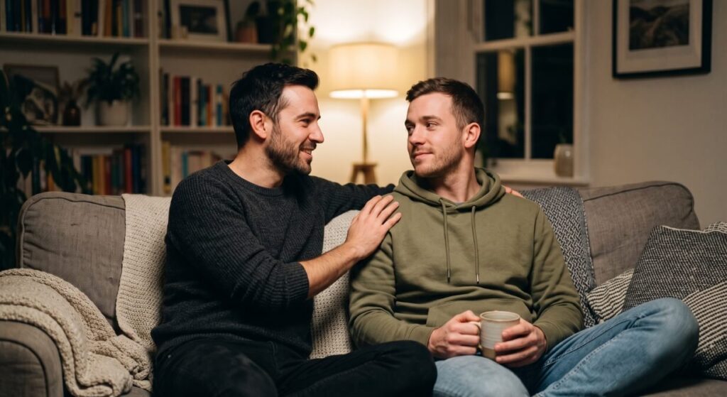 Friends talking through drug test worries and poppers safety at home