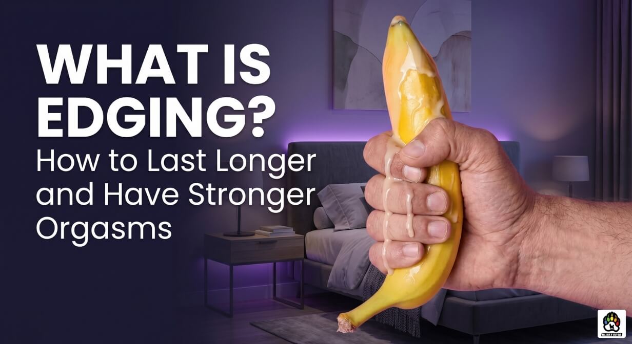A 16:9 graphic featuring a man's hand tightly gripping a yellow banana covered in a dripping, white liquid, symbolizing a conceptual sexual health topic. The background shows a modern, dimly lit bedroom with purple LED accent lighting behind the headboard. On the left side, against a dark shadow overlay for readability, bold white text reads: " What Is Edging? How to Last Longer and Have Stronger Orgasms" in a clean, modern sans-serif font.
